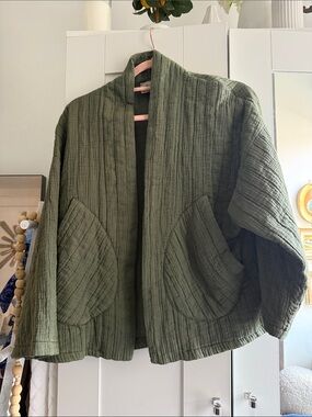 Olive Green Textured Teddy Jacket with Patch Pockets